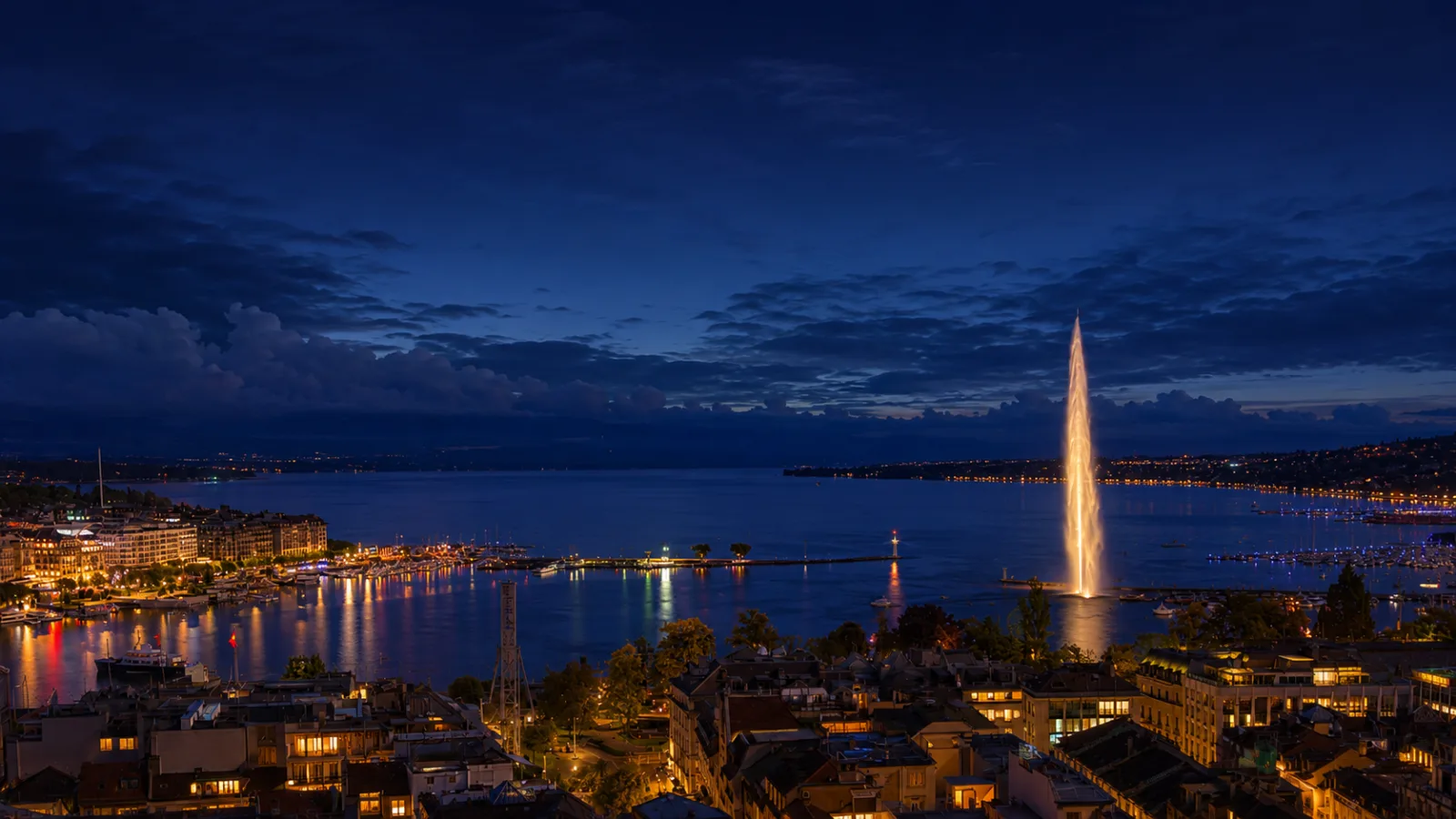 Geneva and its Jet d'Eau at night — off-market property on the Left Bank