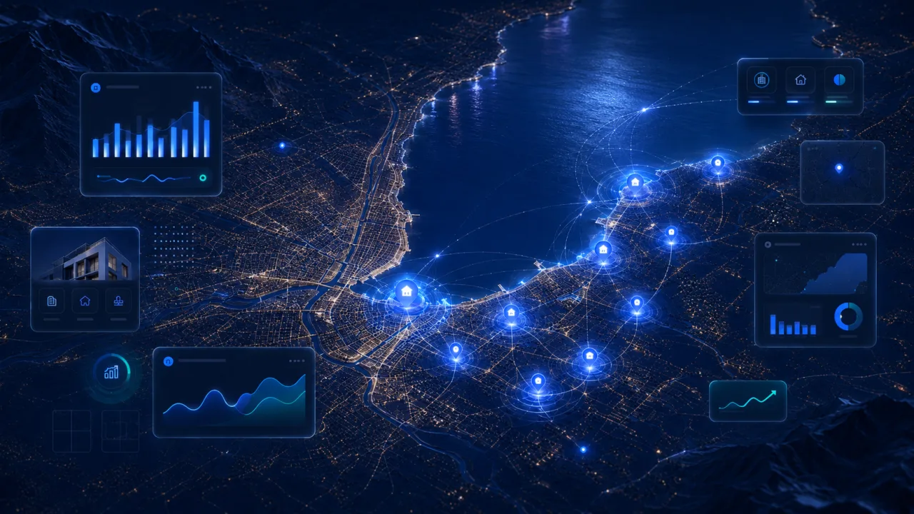 Geneva's Left Bank at night, transactions mapped