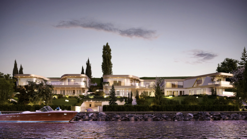 riva bateau de luxe naviguant devant la résidence Nautilus à Cologny . Hotel particulier d'exception