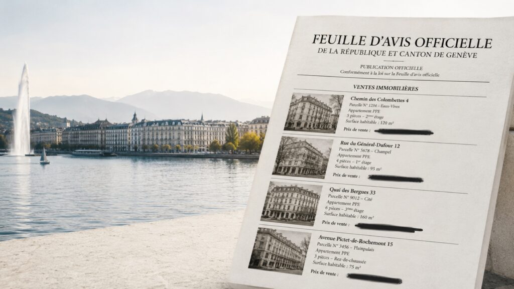 Un exemplaire de la Feuille d’avis officielle de Genève avec ses publications de ventes immobilières, devant le jet d’eau