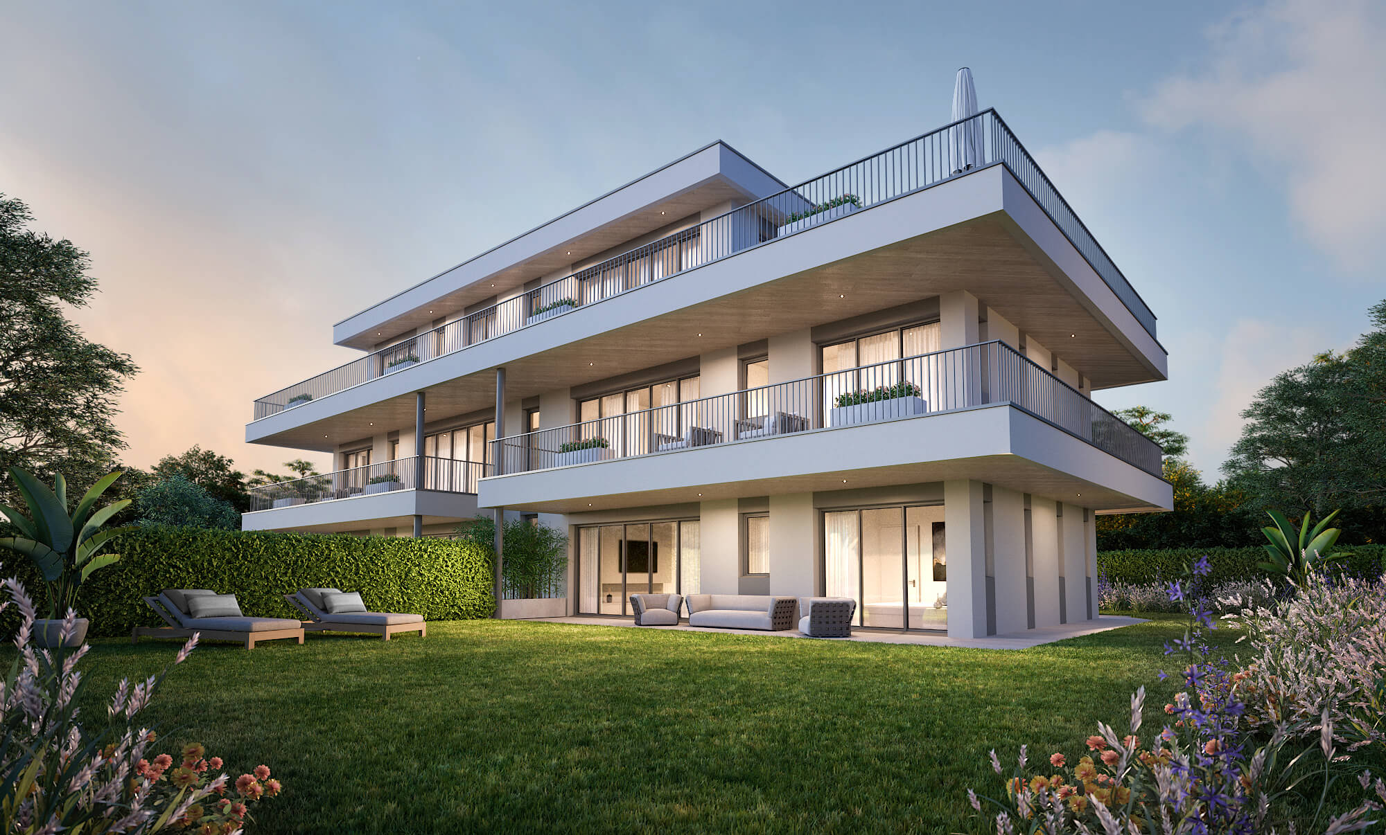 Appartements de standing vendus à Troinex par Rousseau 5, promotion de 5 logements, jardins, parkings intérieurs