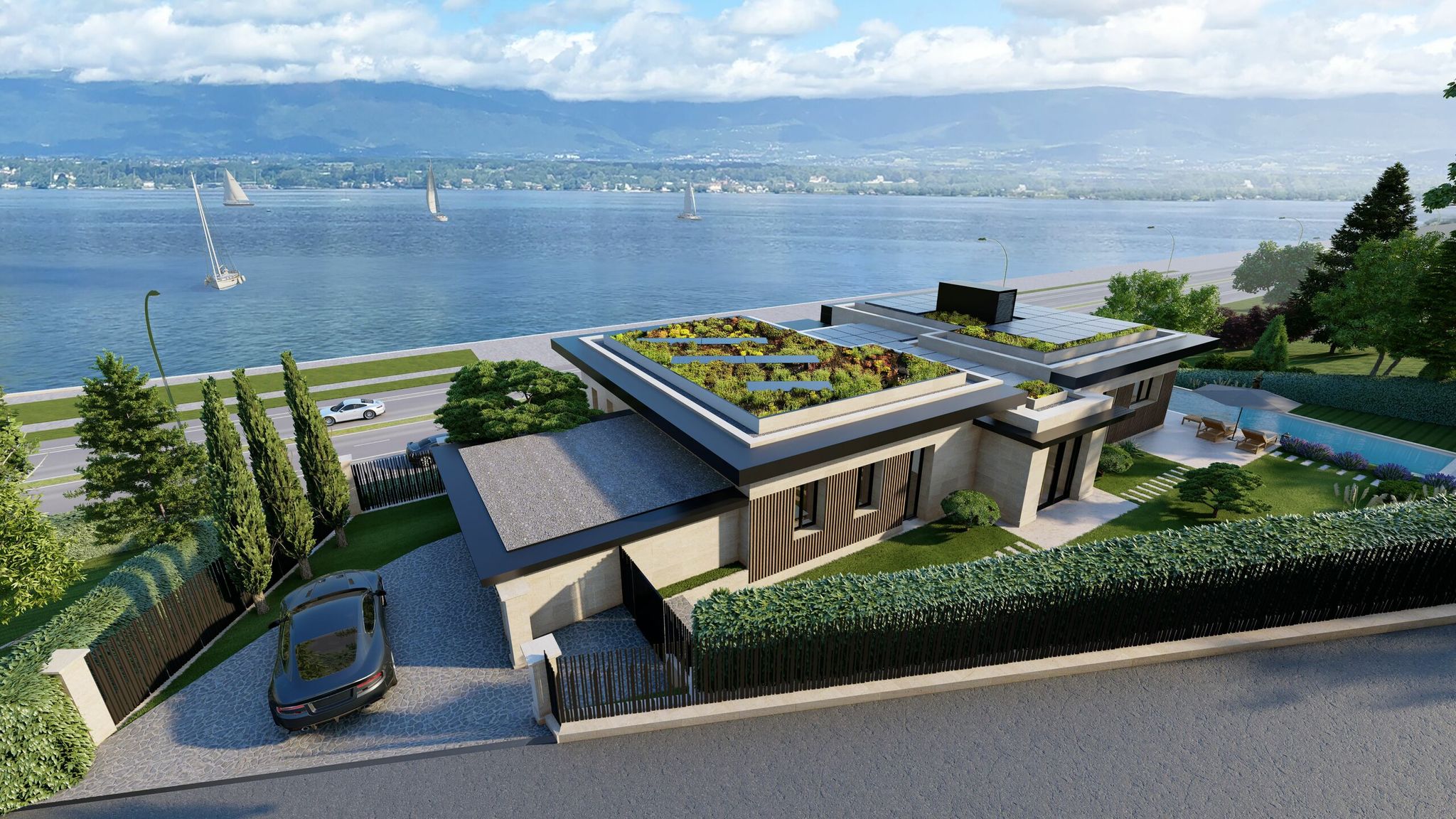 Villa contemporaine vendue à Cologny 700m2 avec piscines, spa, cinéma, garage 5 voitures